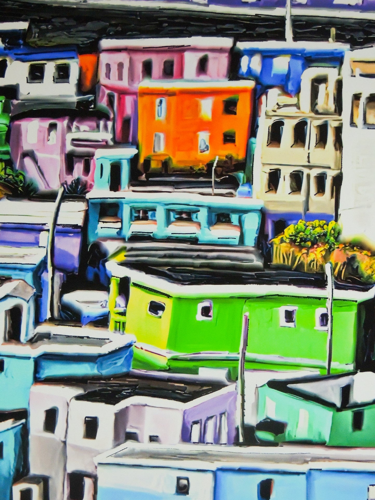 La Perla – Pintura colorida de comunidad La Perla en San Juan | Juan Laureano Arte